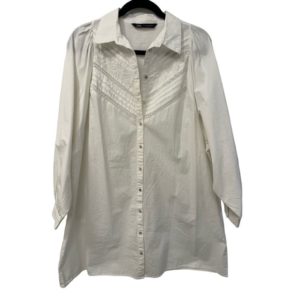 Zara White Large Boxy Button Down Shirt Dress 3/4 Sleeve Floral Lace